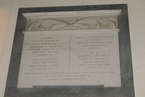 A memorial to members of the Pinfold family on the wall inside St Michael's Church. Included are former owner of Walton Hall, Charles Pinfold (1709-1788), his sister Ann (1722-1806) his brother Joseph (1723-1787) and Joseph's wife Martha (1742-1806). 