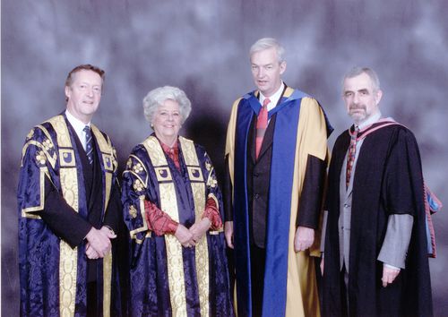 A group photograph including John Daniel (Vice-Chancellor), Betty Boothroyd (Chancellor), Peter Barnes (Honorary Graduate Presenter) and honorary graduate, broadcaster Jon Snow on the occasion of his conferment at Portsmouth on 7 April 2001.