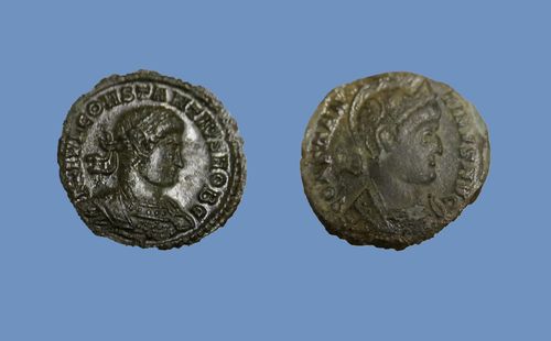 This image shows two Roman coins found in November 1990 when an archaeological evaluation was carried out on the grounds of The Open University campus where the Michael Young building was later constructed in 2001. The coins are both from the reign of the Emperor Constantine (AD 280-337) and are now archived at Milton Keynes Museum.